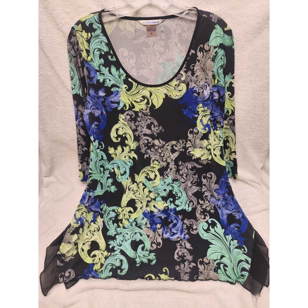 Peter Nygard Tunic Top Blue Green Gray Paisley Scroll Print Womens M
